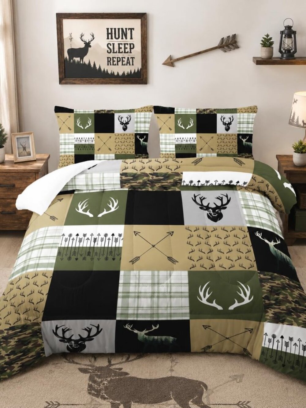 Hunting Camo Comforter Sets Queen Size，Bedding Sets for Kids,Arrows and Deers Co
